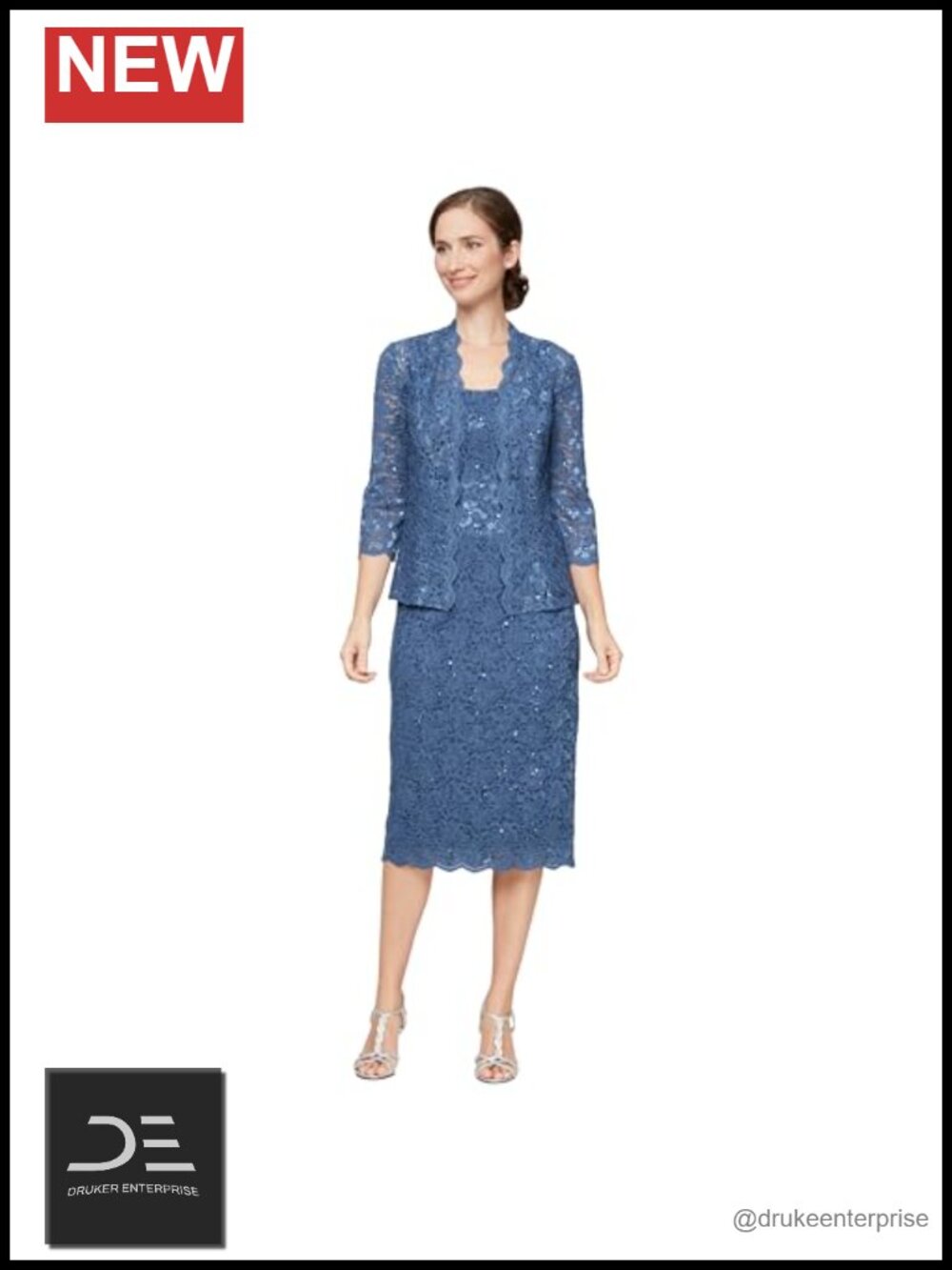Tea Length Sequin Lace Dress with Illusion Sleeve Jacket